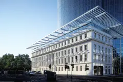 Wiederhergestellte historische Fassade eines heutigen Bürogebäudes in Düsseldorf mit StoDeco Fassadenelementen aus Verolith®.